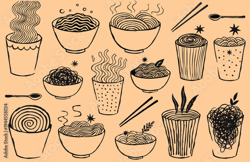 Hand drawn ramen and noodle doodle collection vector illustration featuring various bowls of asian pasta, soup, and cups with chopsticks, black ink sketch on beige background in high quality EPS forma