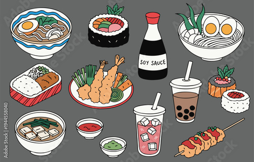 Japanese food collection vector illustration featuring ramen soup, sushi rolls, tempura, bento box, soy sauce, and bubble tea drinks, colorful hand drawn doodle style asian cuisine set in high quality
