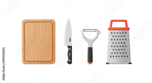 Flat lay of a wooden cutting board, kitchen knife, vegetable peeler, and box grater on a white background, showcasing kitchen utensils.