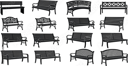 Park bench silhouette collection vector set, decorative outdoor garden seating furniture isolated urban street bench illustration design