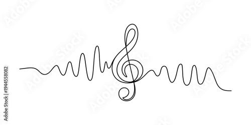 Continuous line art of a treble clef intertwined with a sound wave on a white background Vector, illustration
