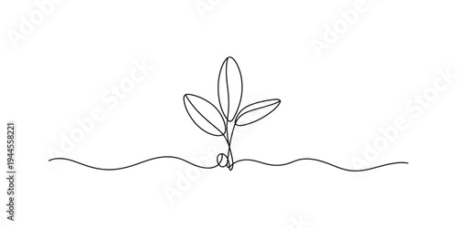 Continuous line drawing of a small plant seedling growing from the ground, symbolizing new life and nature Vector, illustration