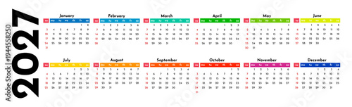 Calendar for 2027 isolated on a white background