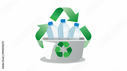 Recycling process graphic with plastic bottles in a recycling bin and green arrows on white background