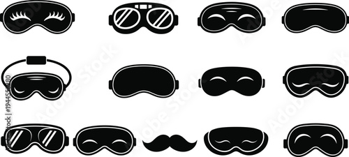 Collection of twelve black and white sleep masks illustration with unique designs, stylized eyes, eyelashes, eyebrows, mustache, goggles, creative accessory artwork, abstract