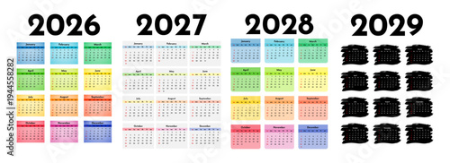 Set of calendars for 2026, 2027, 2028 and 2029 on a white background