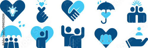 Blue heart and people icon set representing community care, teamwork, charity, and insurance concepts, vector illustration of social support, family protection, and partnership symbols in EPS format.