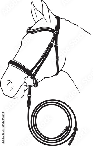 Equestrian bridle and leather reins vector line art illustration for horse riding equipment
