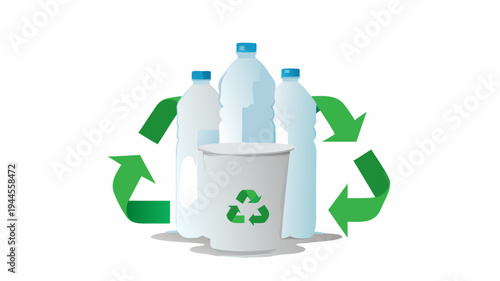 Eco friendly plastic recycling concept with reusable bottles and recycling symbol on a white background