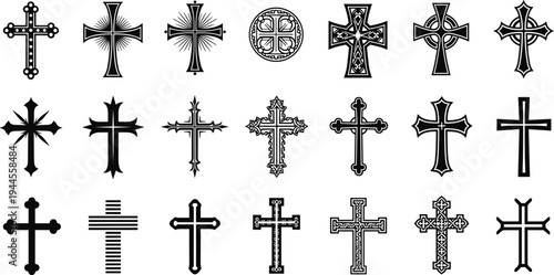 Collection of twenty unique cross designs, religious symbols, ornate and simple styles, cultural diversity, decorative vector illustration, Christian art, faith iconography