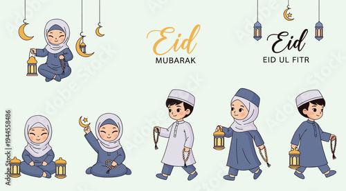 Eid mubarak character collection with cute muslim kids and lanternsEid mubarak character collection with cute muslim kids and lanterns