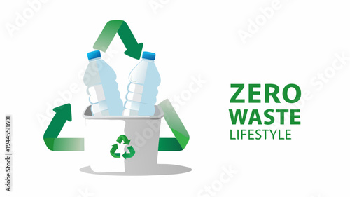 Zero waste lifestyle concept with reusable bottles and recycling symbol promoting eco friendly living and sustainability