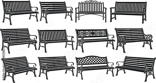 Vintage park bench collection vector silhouettes, decorative outdoor garden seating furniture set isolated design elements for landscape architecture