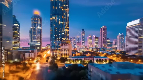 Dazzling Cityscape at Night: An Enchanting View of Urban Architecture and Illuminating City Lights at Twilight Hour