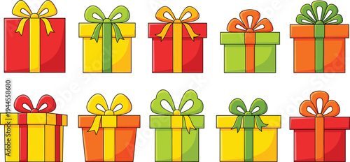 Colorful gift box illustration with ribbons, bows, celebration design, holiday presents, festive packaging, decorative wrapping, party elements, vector artwork, cheerful pattern
