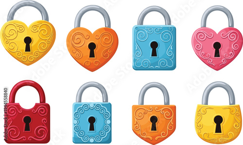 Colorful padlock illustration with heart shapes, ornate designs, decorative locks, security concept, romantic symbols, vector artwork, vibrant pattern, whimsical style, creative design