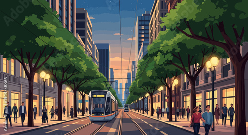 Pixel Art Cityscape with Tram and Pedestrians at Sunset