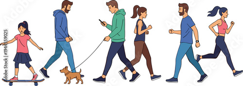 Set of flat people characters with outlines walking running skateboarding and walking dog isolated on white background vector illustration