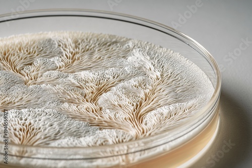 Fungal mycelium growing through agar in laboratory petri dish macro