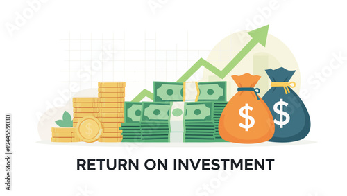 Dynamic vector illustration portraying financial growth, successful investment returns, and increasing business profit with money stacks, cash bags, and an upward trend graph