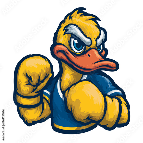 Dynamic cartoon duck mascot with intense expression and boxing gloves, embodying strength and competitive spirit for sports teams or branding projects