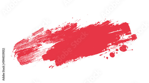 Red paint brush stroke with splatters on white background. Rough texture and drips
