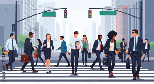 Diverse Business People Crossing Busy City Street on Zebra Crossing