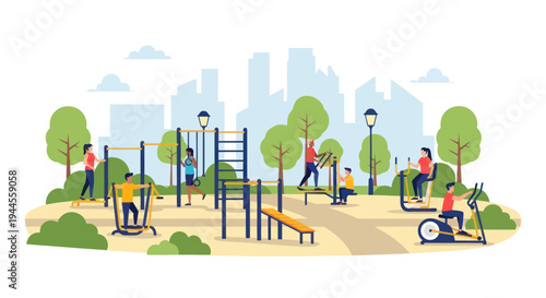 Outdoor Fitness Park with People Exercising