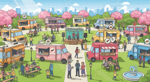 Vibrant Food Truck Festival in a Park with People and Music