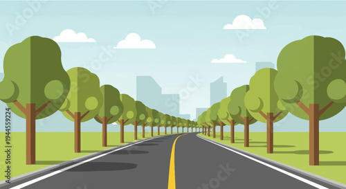 Flat design road with trees and city skyline, perspective view