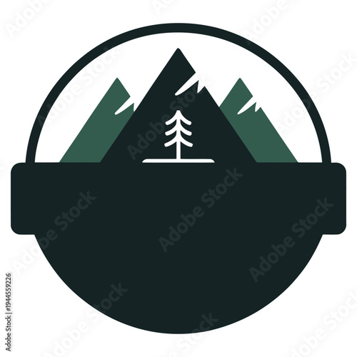 Scenic mountain landscape with a lone tree and a banner below