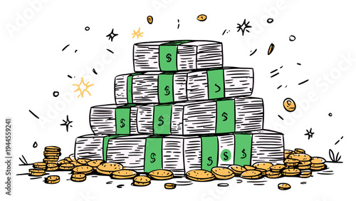 Hand-drawn illustration of a grand pyramid of cash bills and gold coins, symbolizing significant financial wealth, successful investments, and economic prosperity