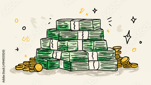 A large stack of cash and coins, symbolizing wealth, abundance, and financial success, with sparkling accents