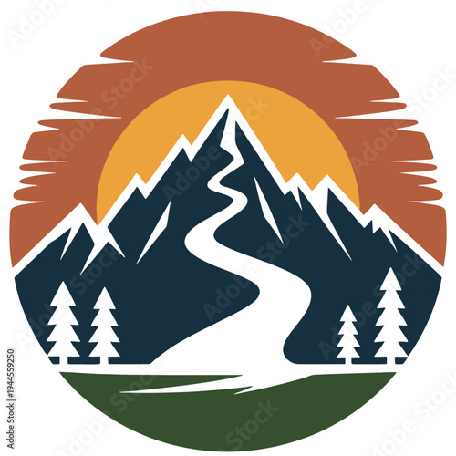 Silhouetted mountains at sunset with a winding path through the forest