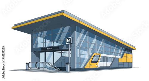 Modern Subway Station Entrance with Escalator and Train