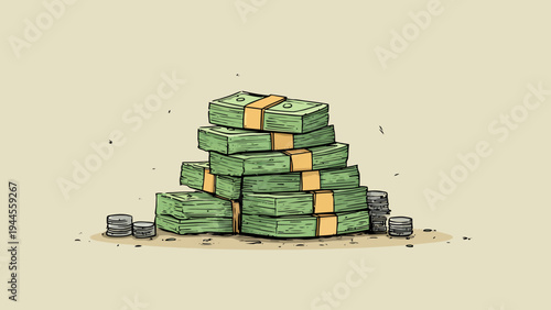 Visually striking illustration of a towering stack of crisp green banknotes, securely bundled, signifying substantial financial gains and the concept of amassed fortune