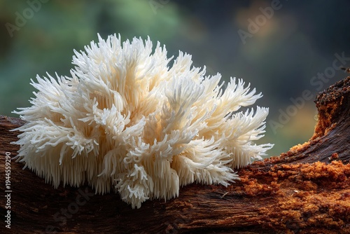 Hericium erinaceus lion’s mane mushroom growing on forest hardwood trunk