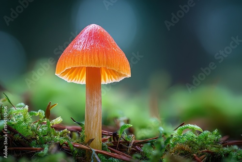 Hygrocybe conica conical waxcap mushroom growing on mossy forest floor