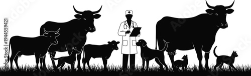 Veterinarian silhouette with farm animals and pets including cow calf dog and cat for livestock agriculture veterinary clinic and medicine