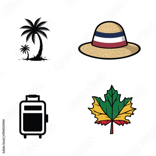 Travel Summer Vacation Icons Palm Tree Suitcase Hat Leaf