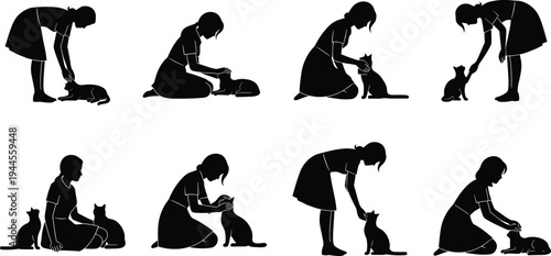 Woman silhouette set playing with cat pet illustration featuring female owner caring for kitten friend in flat vector style design