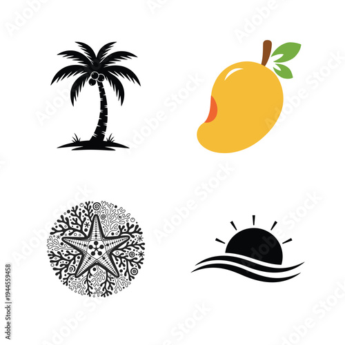 Tropical with fruit and sea life palm tree starfish mango strawberries