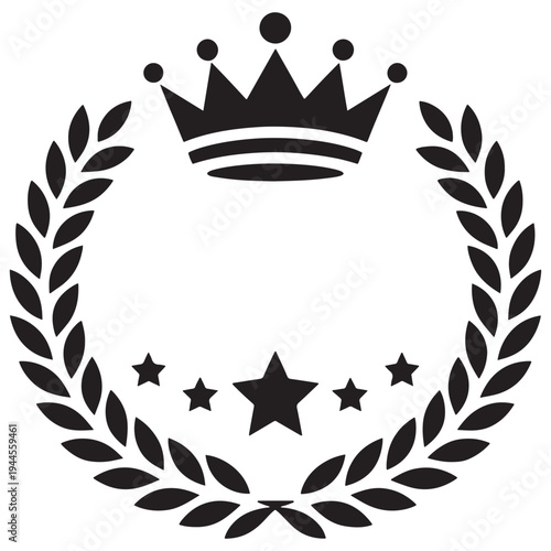 Elegant black and white crown encircled by laurel wreath with stars below
