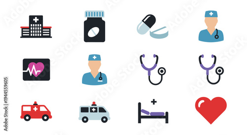 Healthcare icons representing hospitals medicine and vital signs on gray