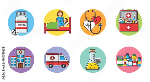 Healthcare icons representing hospitals medicine and vital signs on gray