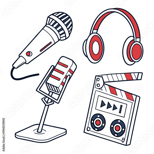 Colorful audio equipment with microphones and headphones cassette