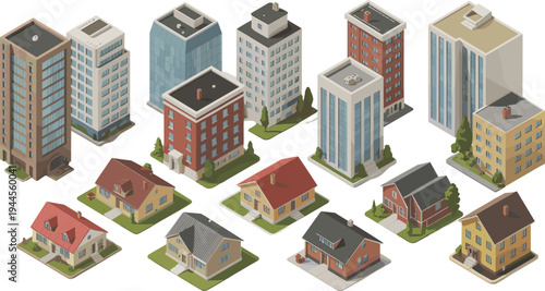 Isometric city buildings collection, residential houses apartments and modern office towers for urban planning real estate architecture illustration set