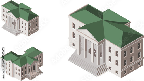 Isometric classical government building architecture set, courthouse or museum with columns historic civic institution neoclassical city landmark illustration