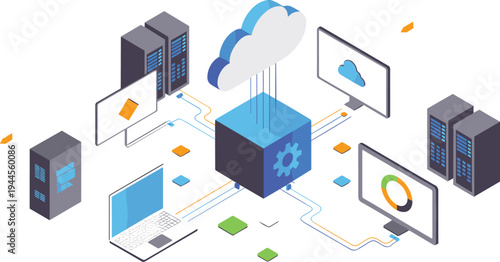 Isometric cloud computing infrastructure illustration, data servers network and digital technology system connecting devices for cloud storage and processing