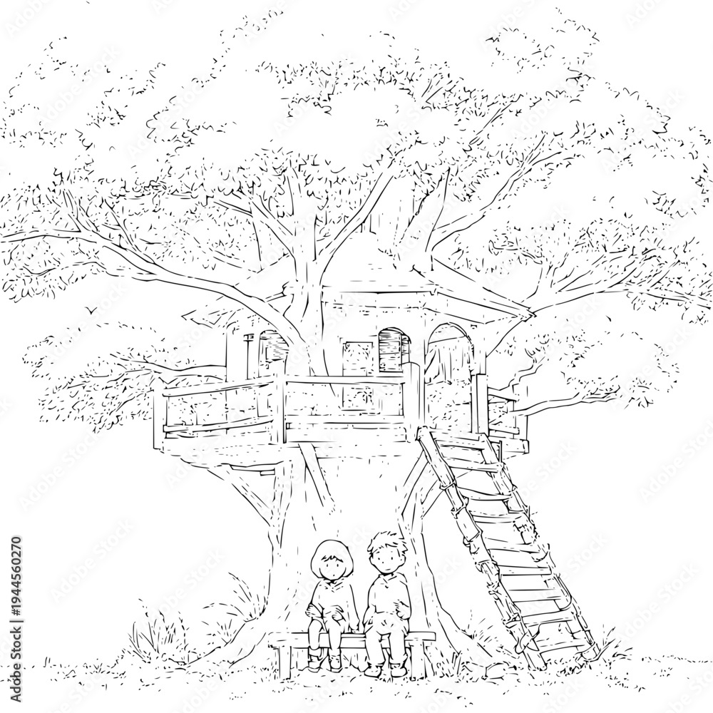 Fototapeta premium Children standing in front of treehouse in tree